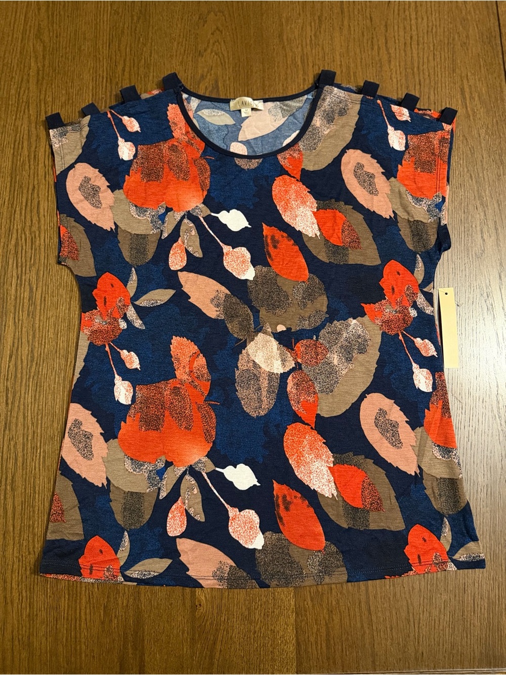NWT Lavish Navy and Red Printed Blouse with Shoulder Cut Outs